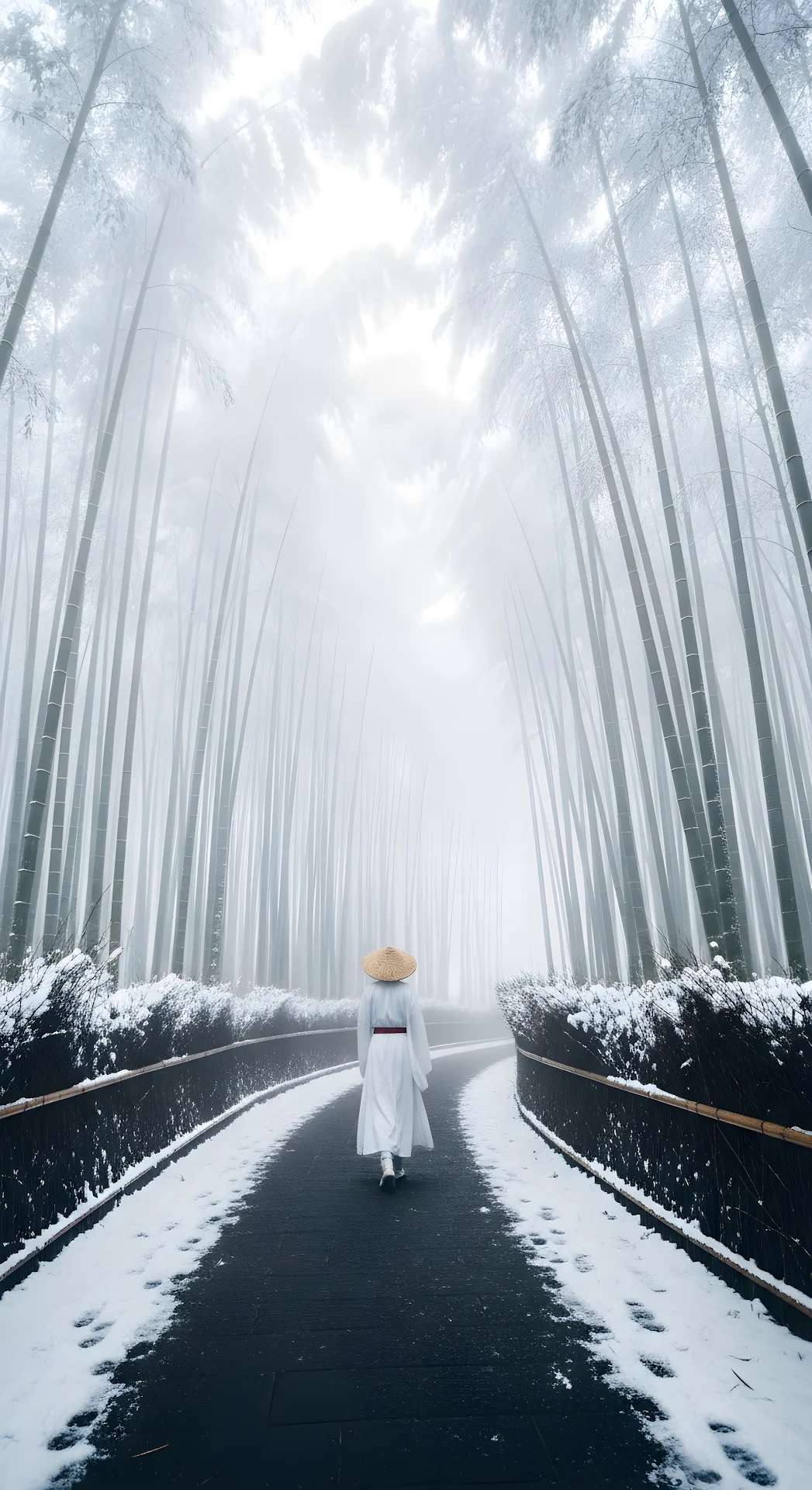 Wide View of Monastic Figure Walking Snow-Covered Path in Ethereal Bamboo Forest - Free 4K mobile Wallpaper