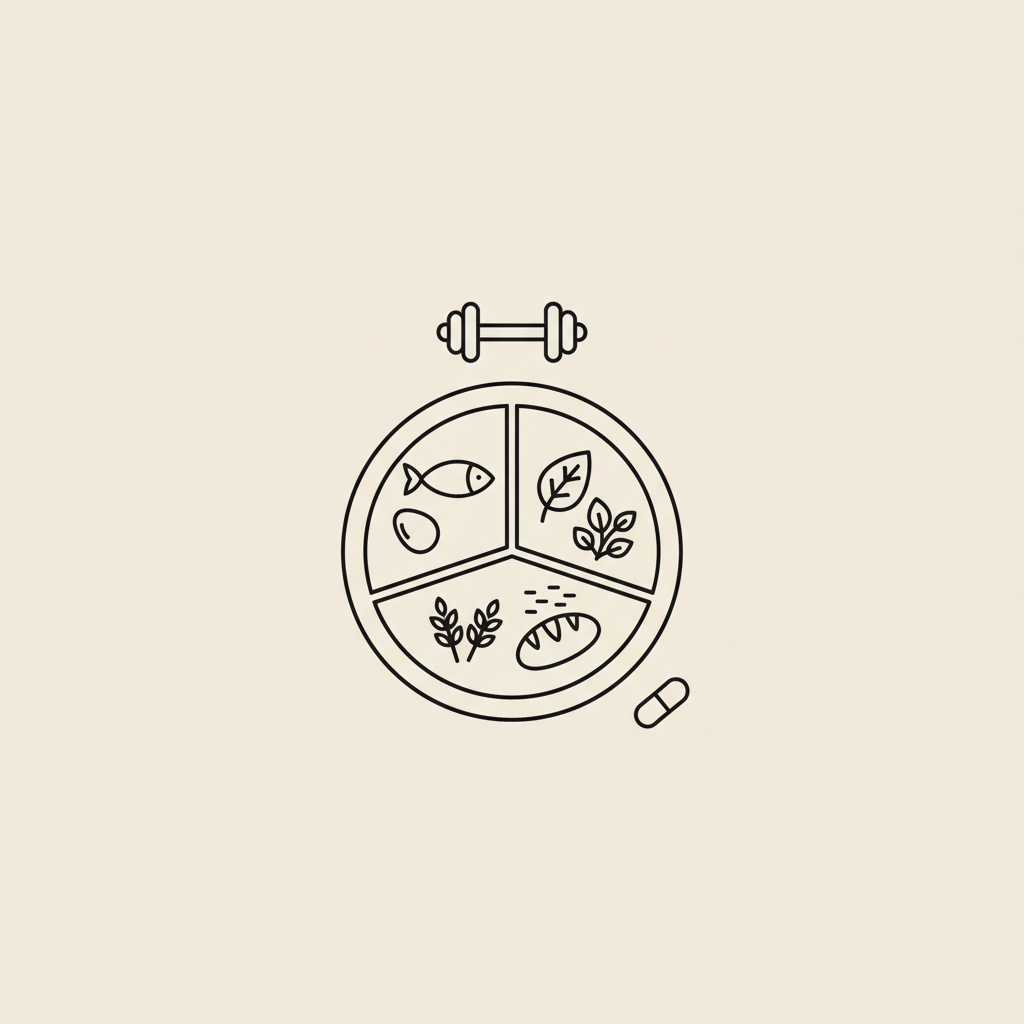 Tonum line illustration: divided plate, capsule and dumbbell on beige background — what is the most effective thing for weight loss?
