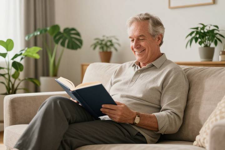 落ち着いた部屋で読書を楽しむ健やかな高齢男性