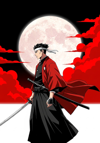 Stoic Anime Swordsman Under a Blood Moon
