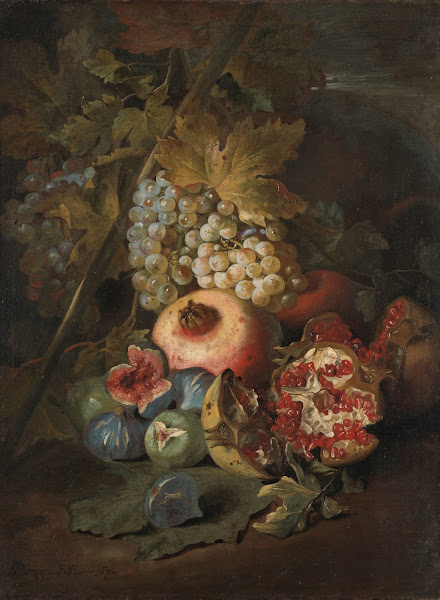 Bunches of Grapes Pomegranates and Figs in a Landscape 1670