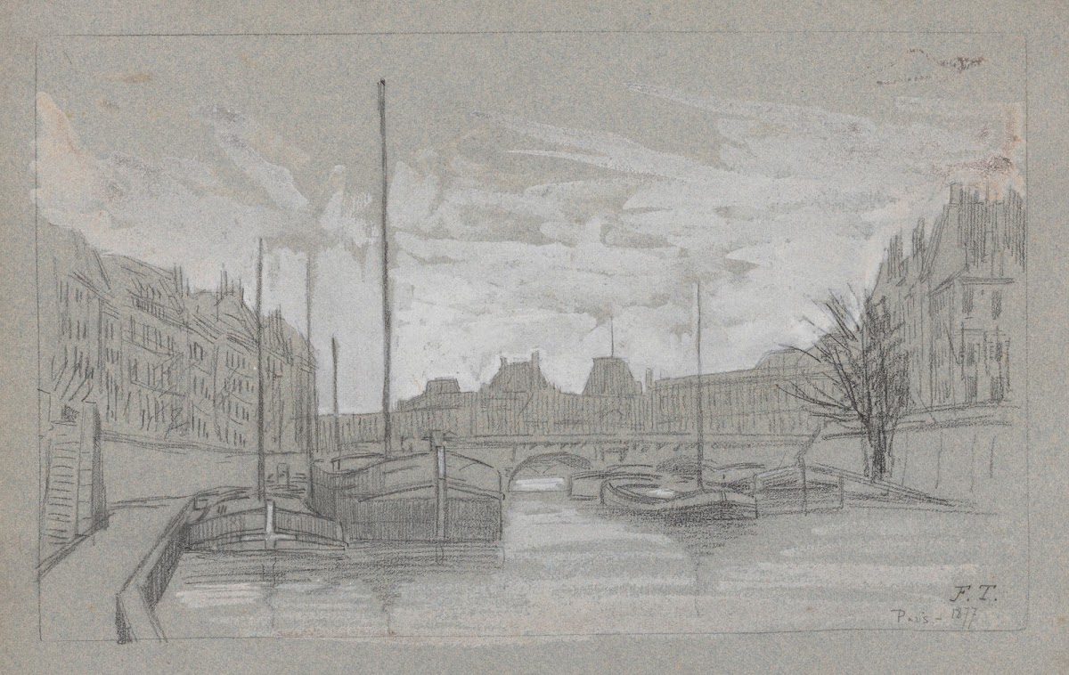 Paris bateaux sur la Seine près dun pont 1877