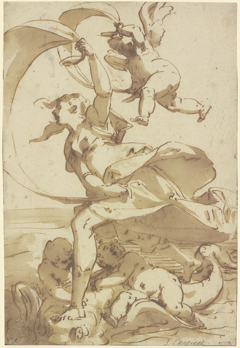 Eine Frau segelt auf einem Meerwesen mit Amoretten übers Wasser ca 1575 1580