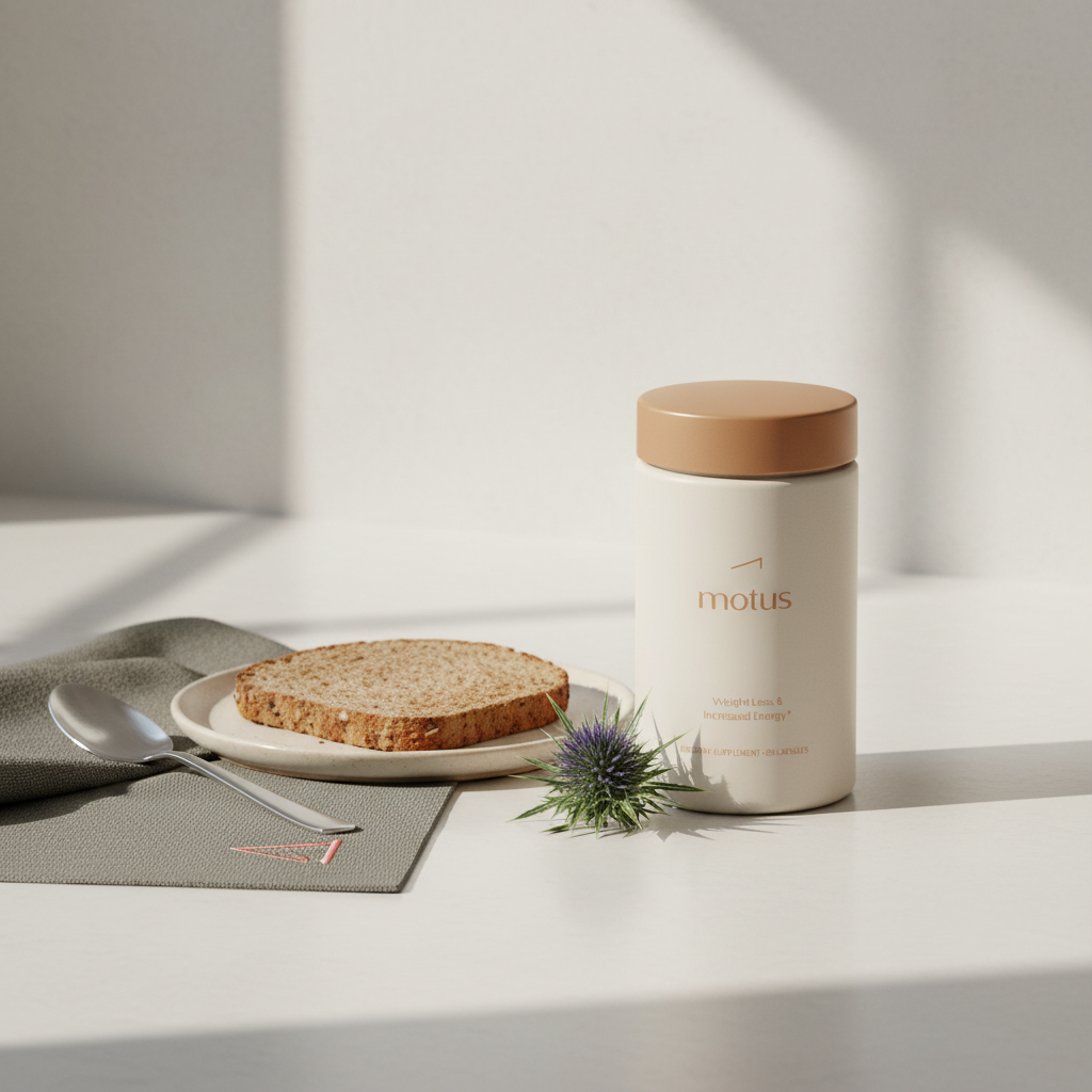 Minimal still-life of Tonum Motus supplement bottle on a kitchen counter with whole grain toast, spoon and milk thistle, evoking supplements for belly fat in a clean Tonum style.