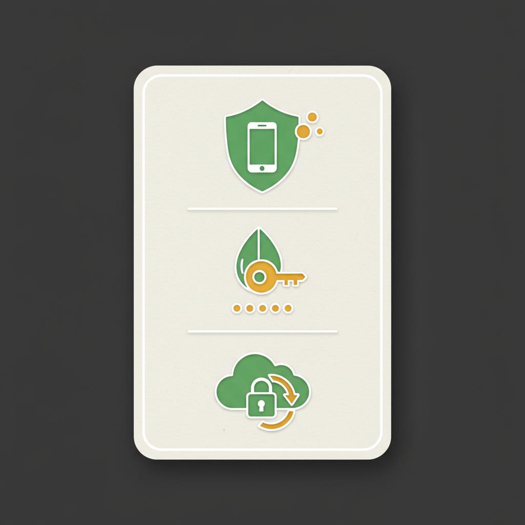 Minimalist 2D vector card showing icons for two factor authentication seed phrase backup and secure backup cloud on dark background in Finance Police colors best crypto to invest in