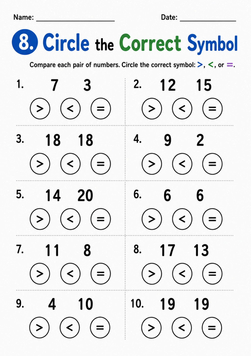 Circle the Correct Symbol Worksheet