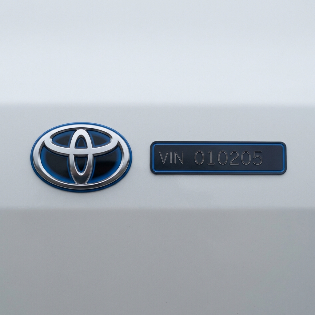 Close up of Toyota badge and clean VIN plate in natural daylight showing vehicle condition and transparency best month to buy a Toyota