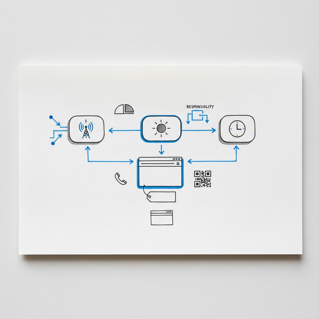 Close-up sketch of a radio campaign flow on a textured white notebook page showing dayparts linked by blue arrows to a browser landing page, phone and QR icons.