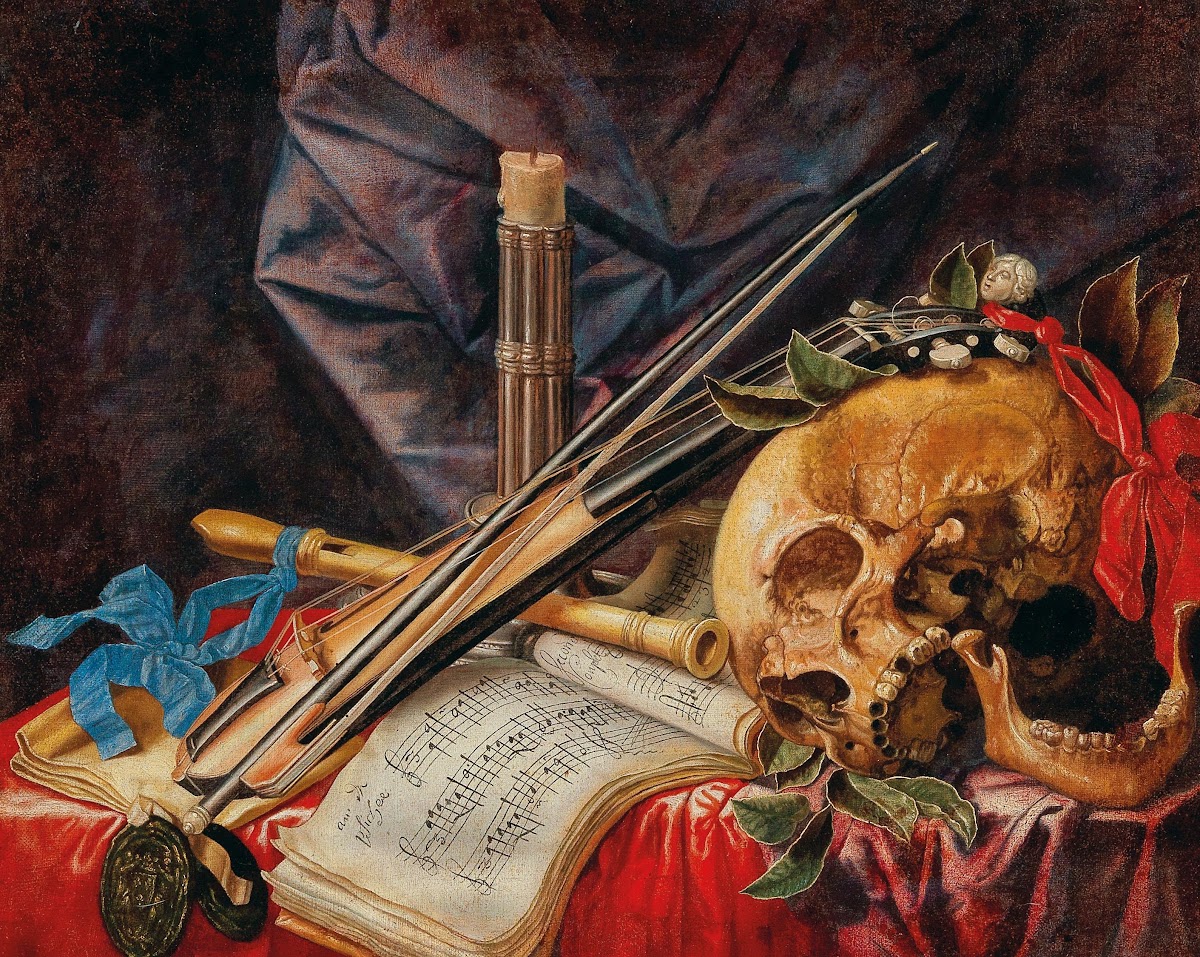 A Vanitas still life with a viol a clarinet a skull a sheet of music and a candl