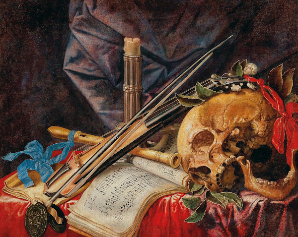 A Vanitas still life with a viol a clarinet a skull a sheet of music and a candl