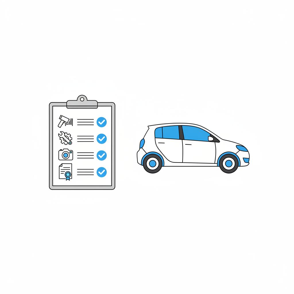 Minimalist vector illustration of a clipboard checklist with icons for VIN service records photos and title next to a serviced car representing trade in value of my car