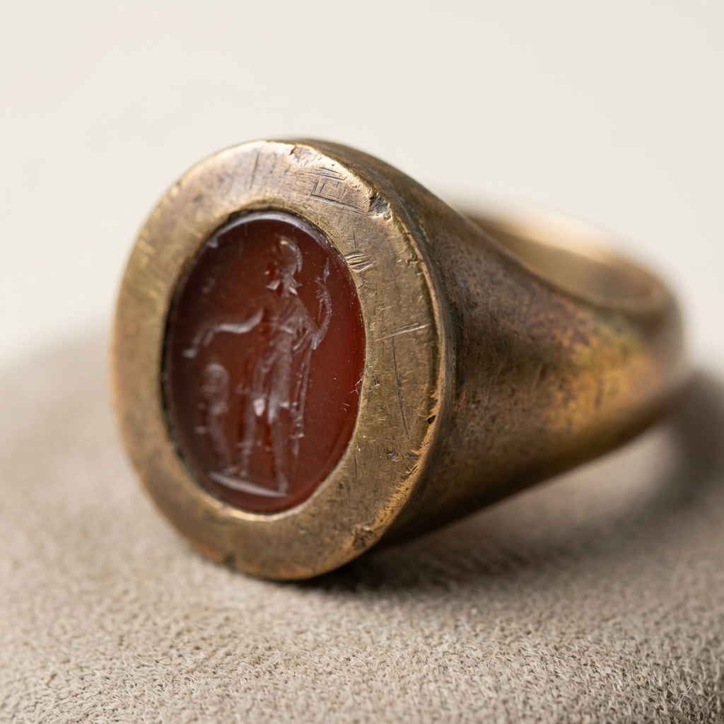 Close up of Roman intaglio ring bezel and shoulders on matte #ede7da background showing flat bezel edges and wear planes Romans wear rings