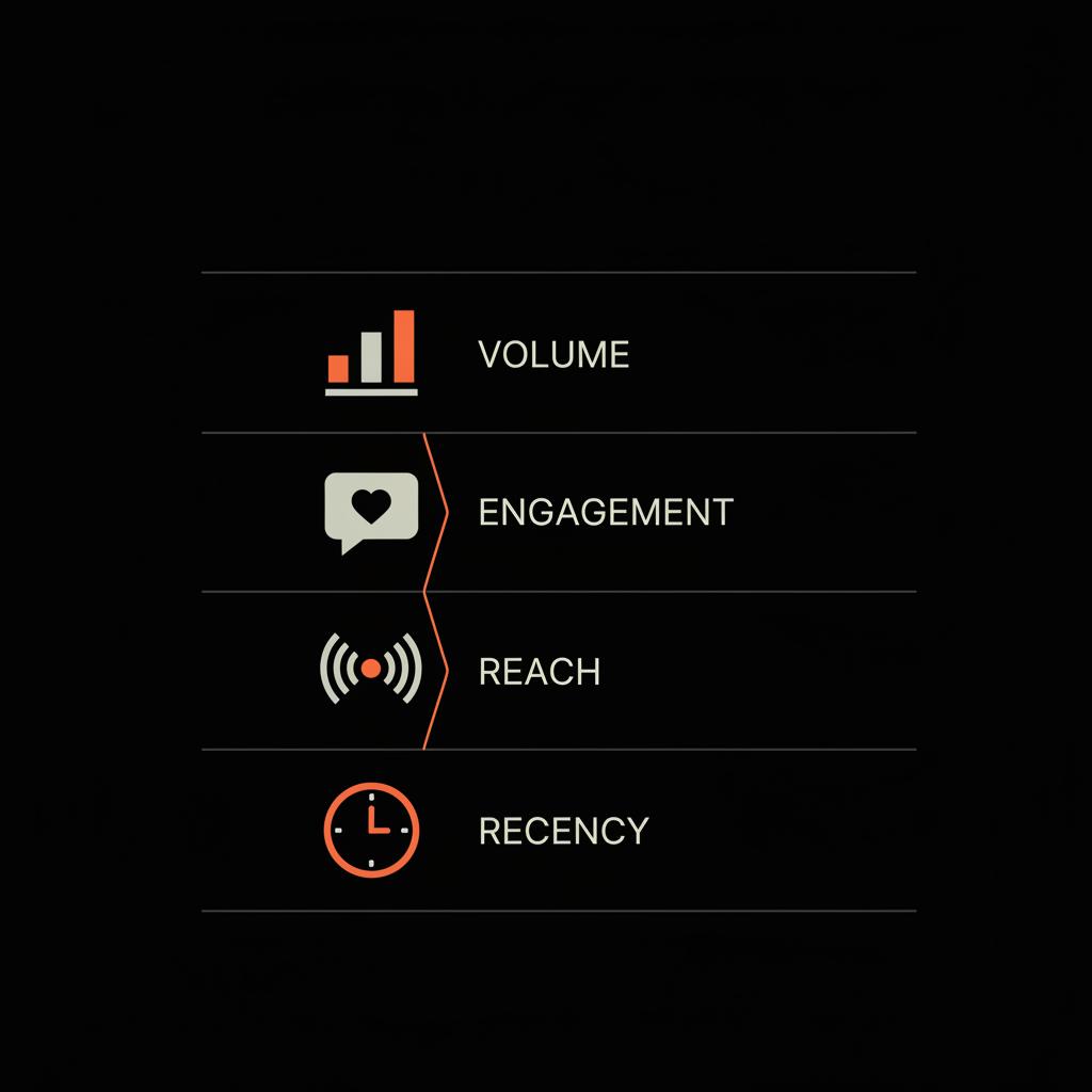 Minimal four-signal scoring infographic showing volume, engagement, reach, recency with small vector icons on black background, accent lines #dc5c2b and text #edf1e9, simple modern flat style — top 10 hashtags