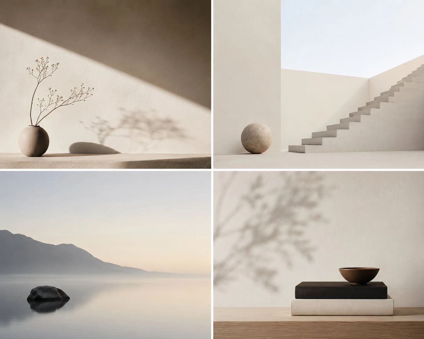 Escenas minimalistas y serenas con composiciones limpias.