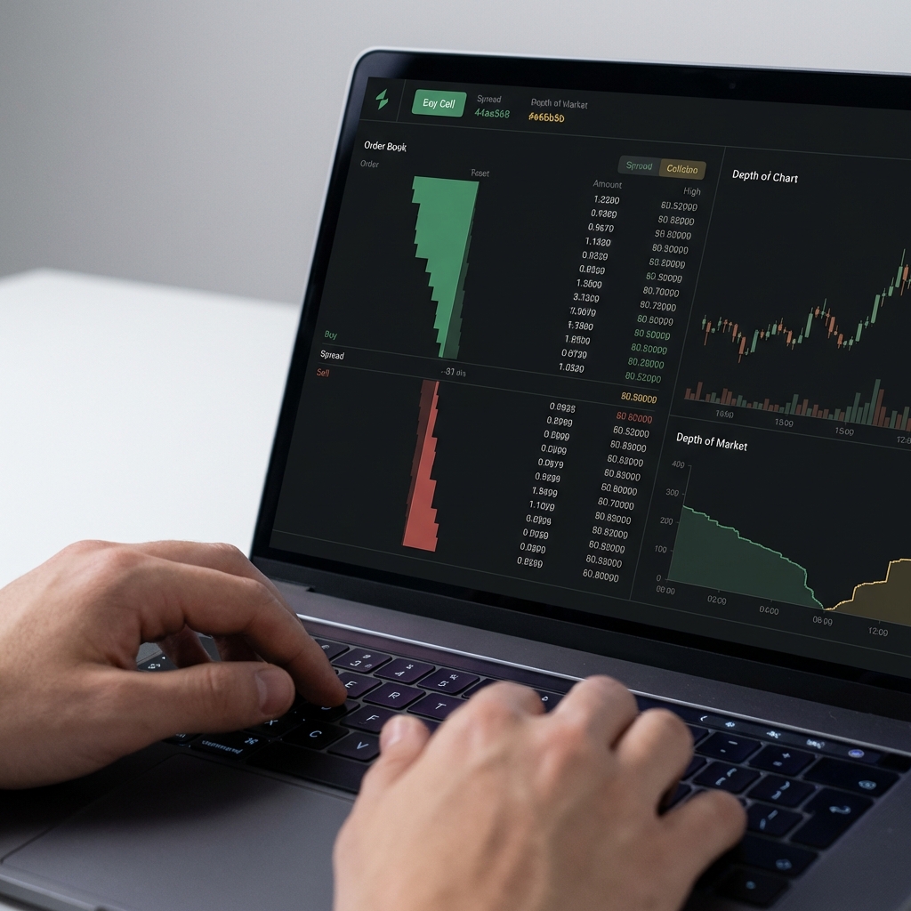 Close up of laptop order book with spread indicators clean Finance Police style trading interface showing best crypto exchange for day trading