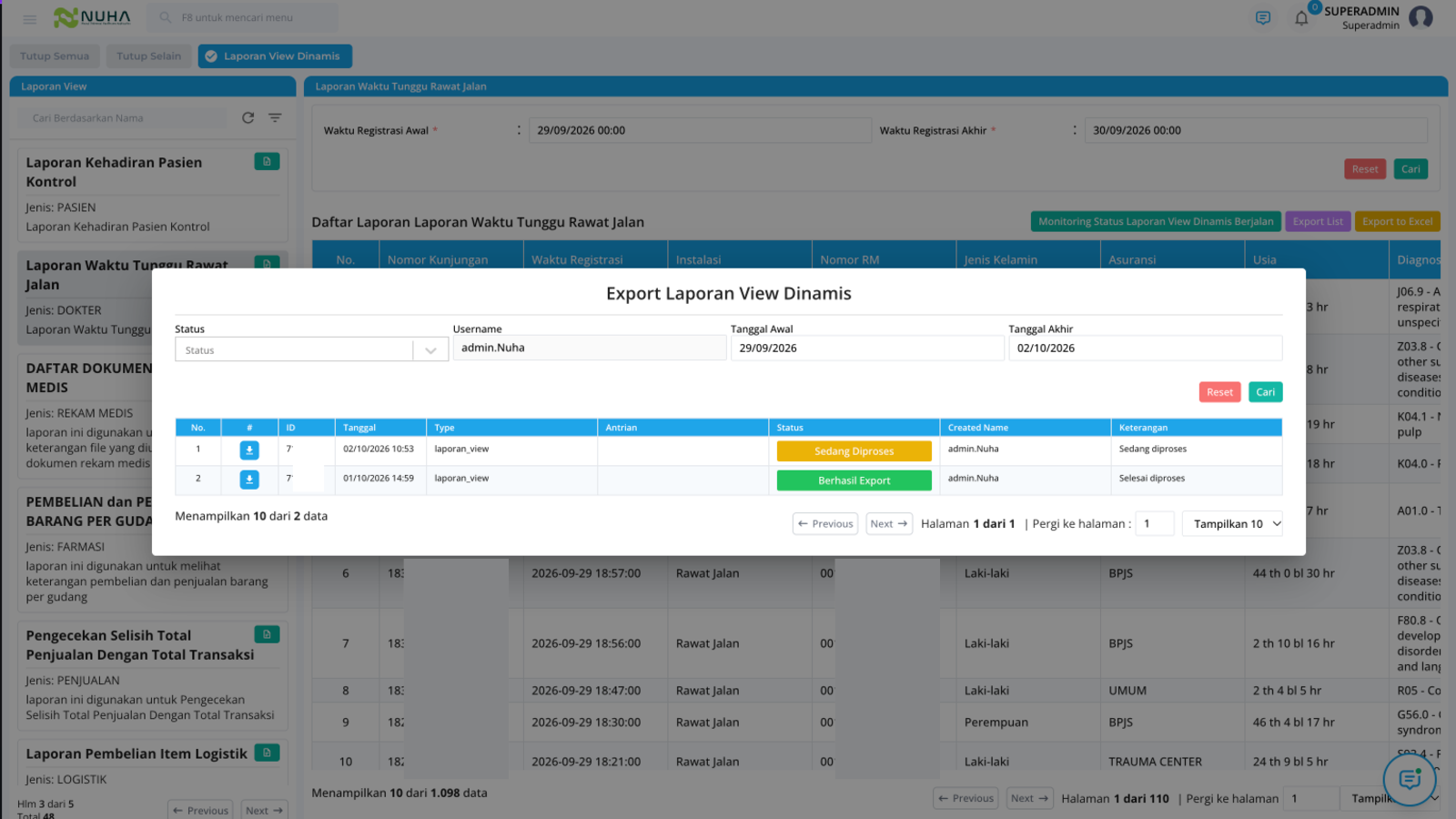 Tampilan fitur Export Laporan pada Laporan View Dinamis NUHA