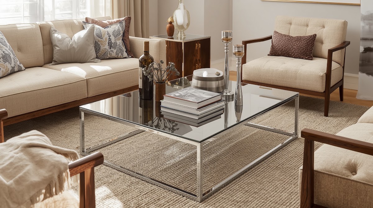How to Style a Chrome Coffee Table Without Making Your Room Feel Cold - sculptural chrome lamp with warm wood bookshelf and chair