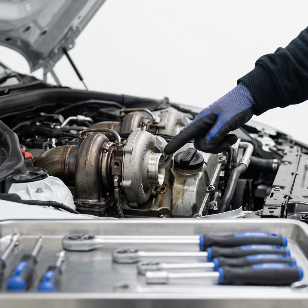 Close up full frame engine bay of a BMW M4 showing turbo housings and oil fill area with a technician pointing bmw m4 for sale
