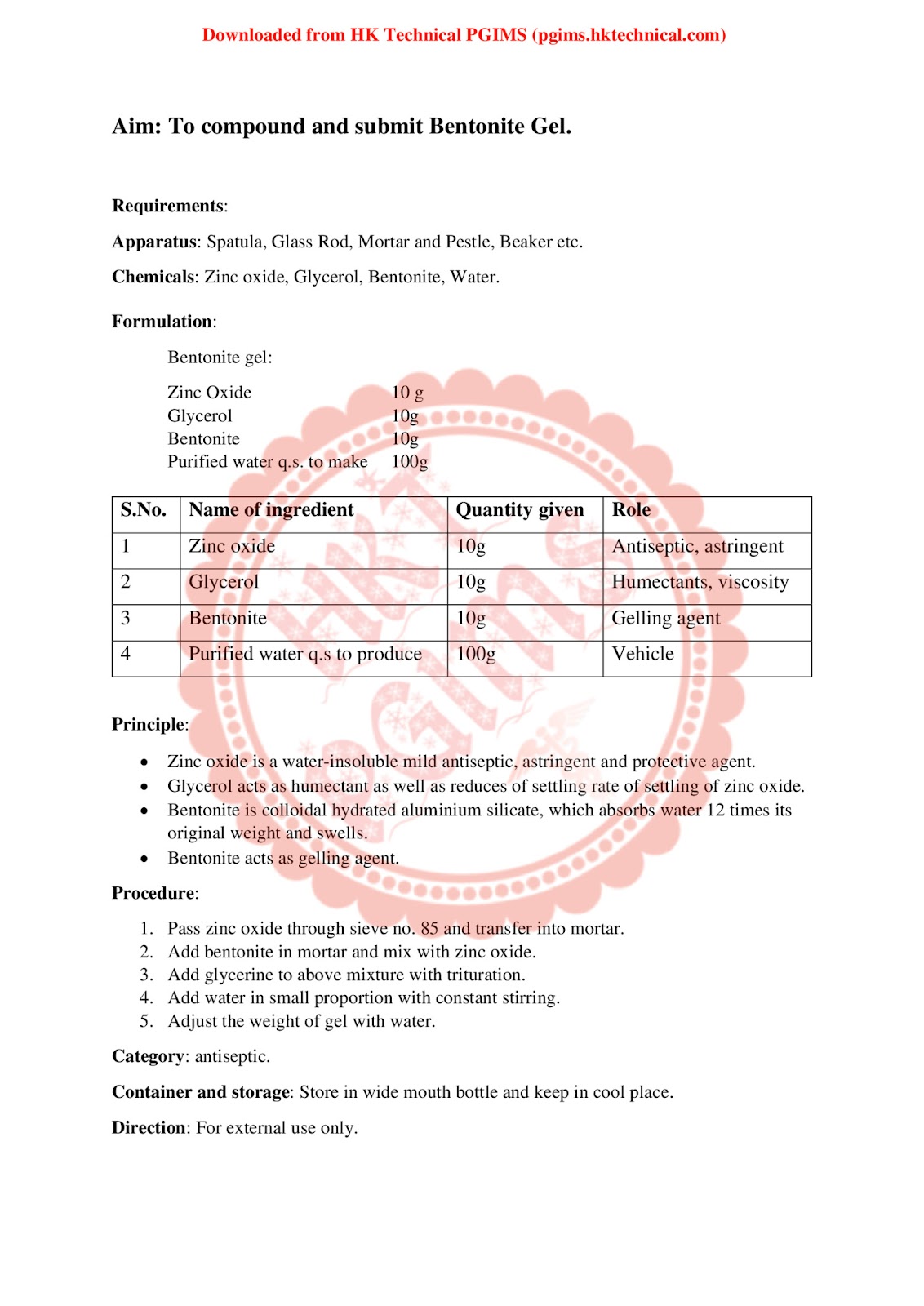 Aim: To compound and submit Bentonite Gel 1st Semester B.Pharmacy Practical,BP103T Pharmaceutics-I,BPharmacy,Handwritten Notes,Previous Year's Question Papers,BPharm 1st Semester,Important Exam Notes,Pharmaceutics,