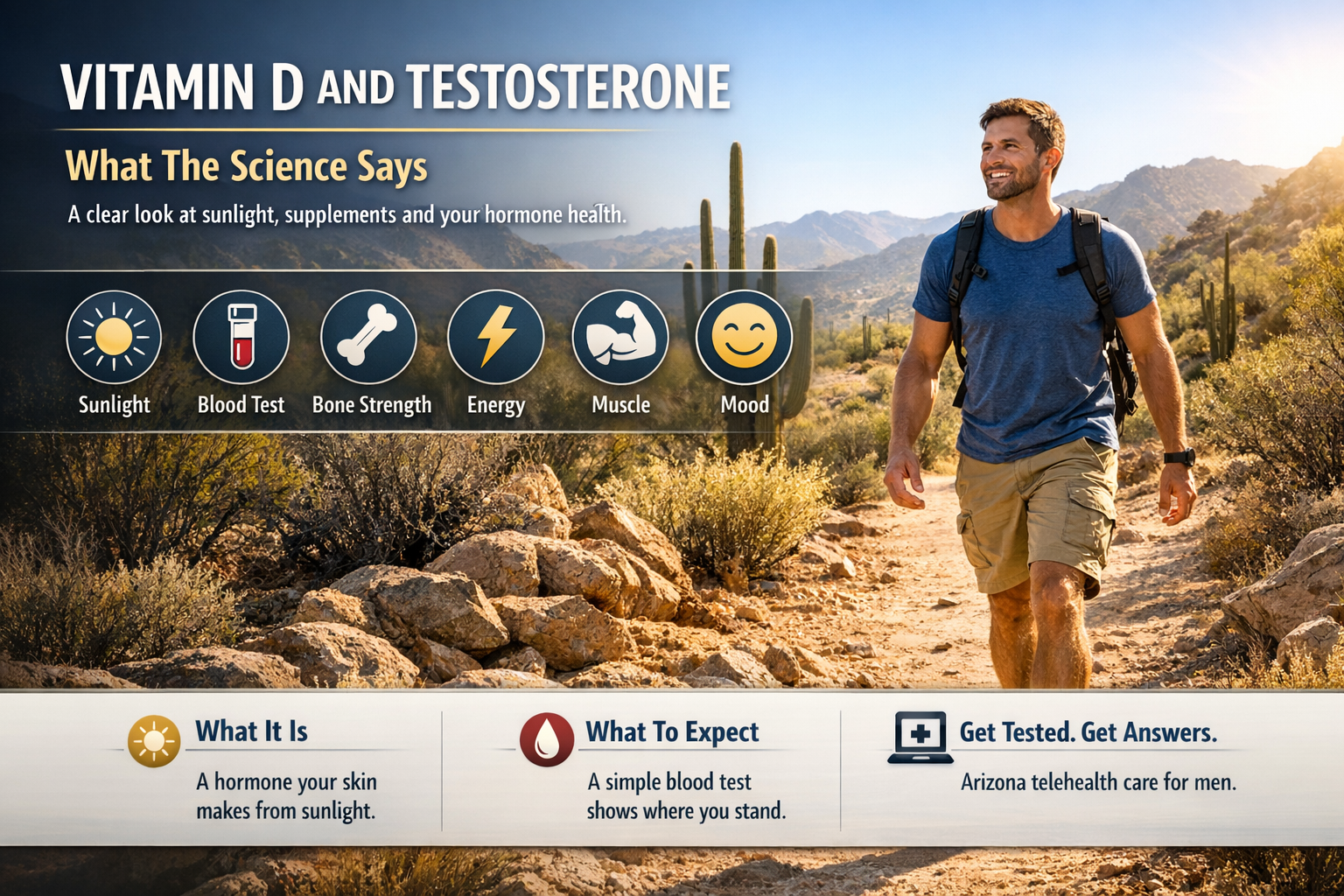 Does Vitamin D Boost Testosterone? An Arizona Guide — AZTRT Arizona TRT clinic blog cover showing a fit man hiking a sunny desert trail with a vitamin D and testosterone infographic
