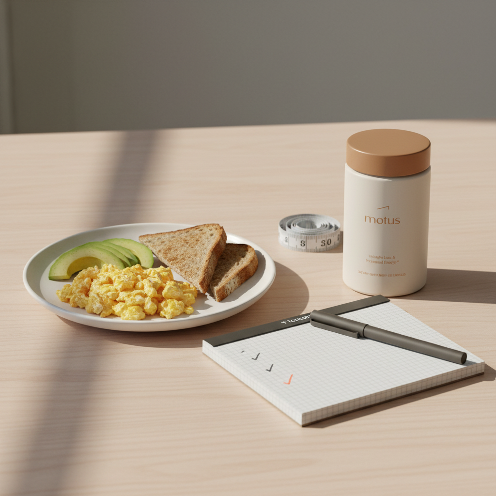Minimalist morning meal with protein plate, Motus supplement jar, notepad workout and measuring tape — How long will it take to lose 30 pounds on a 1200 calorie diet?