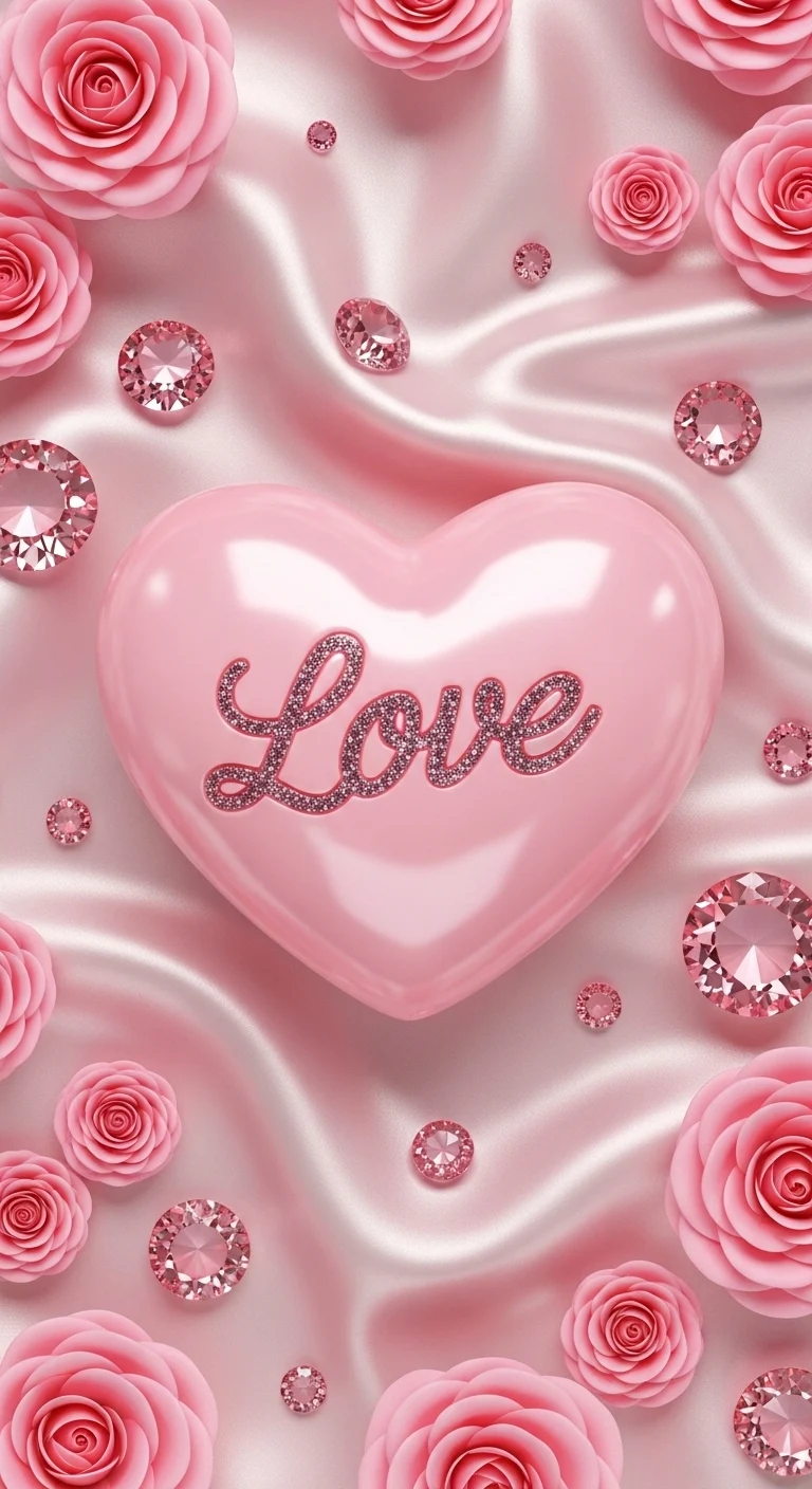 Glossy Pink Heart with Sparkling Gemstones and Roses - Free 4K mobile Wallpaper