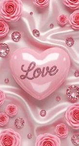 Glossy Pink Heart with Sparkling Gemstones and Roses