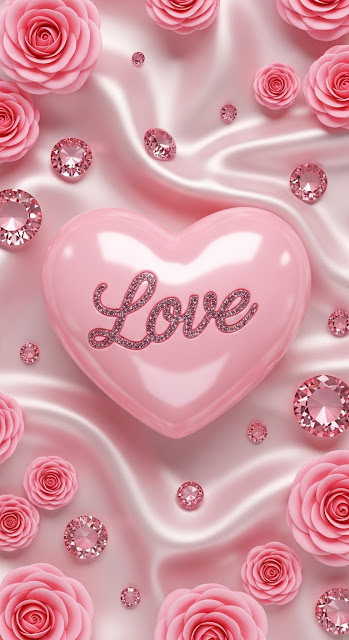 Glossy Pink Heart with Sparkling Gemstones and Roses - Free mobile Wallpaper