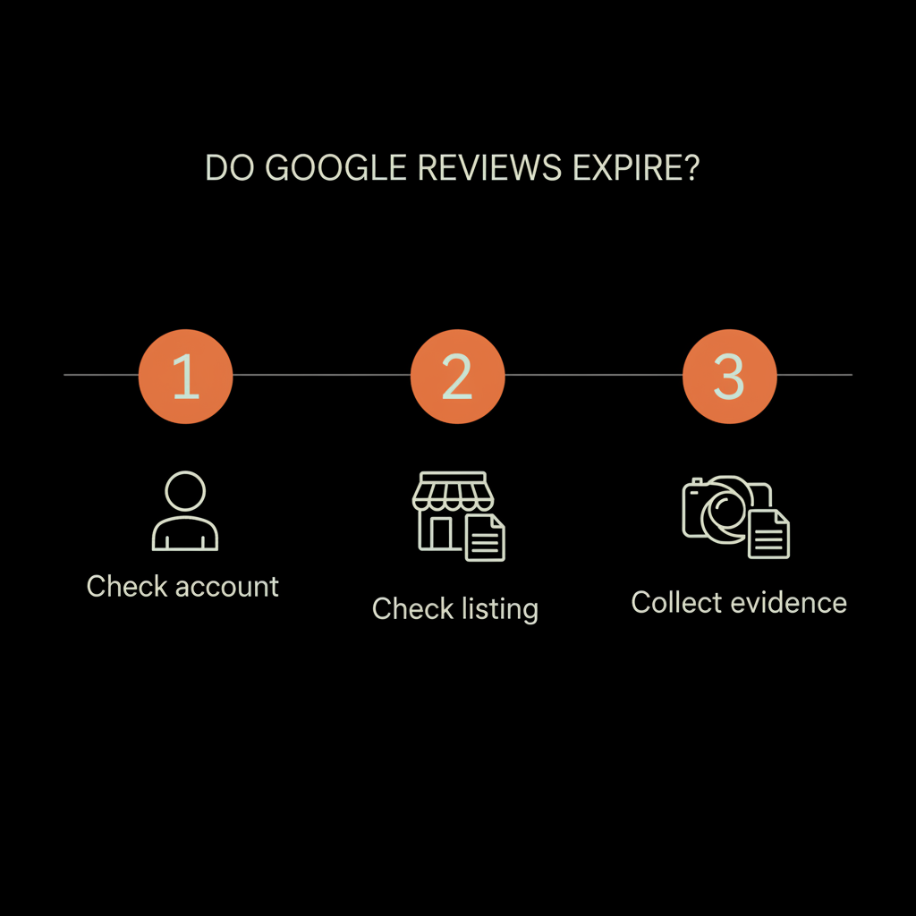 Minimal vector infographic on black background showing three steps—check account, check listing, collect evidence—for do Google reviews expire