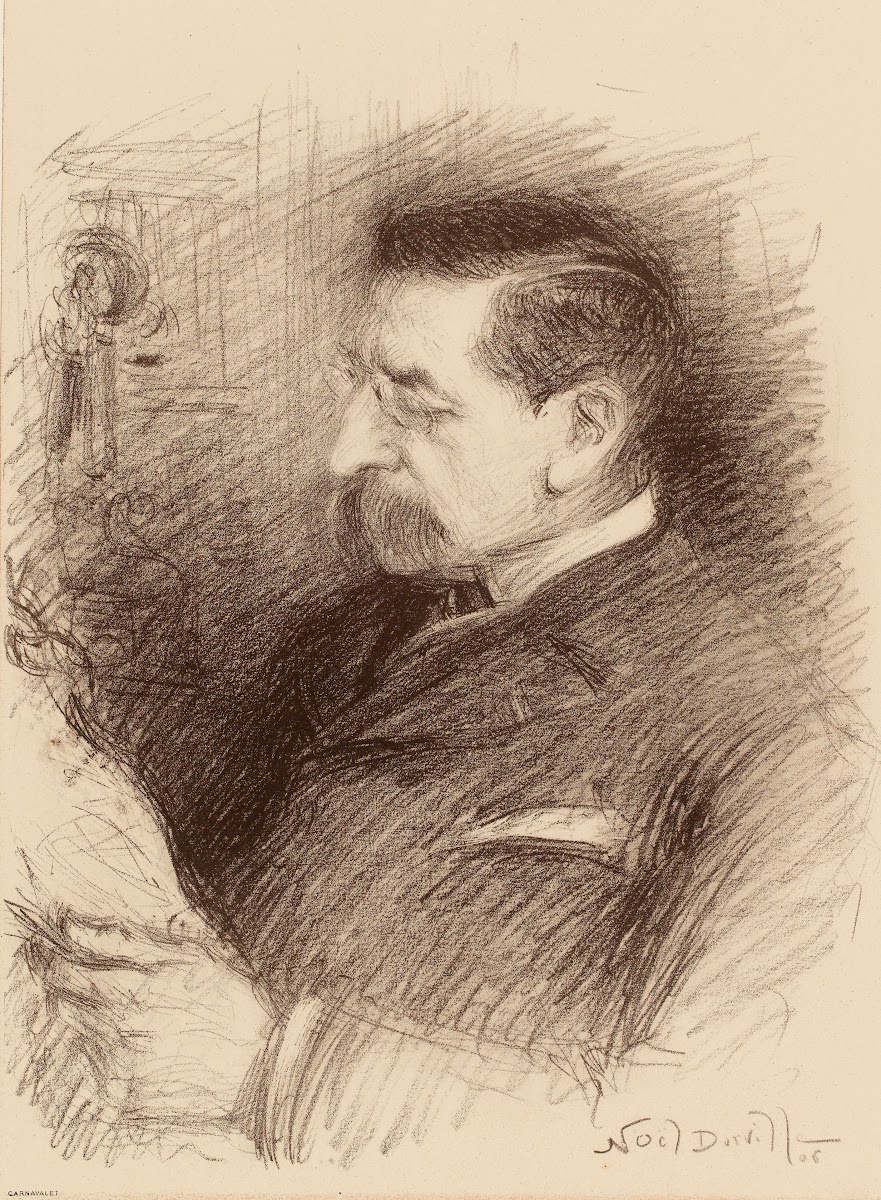 Inconnu à moustaches lunettes rondes profil gauche lisant 1906