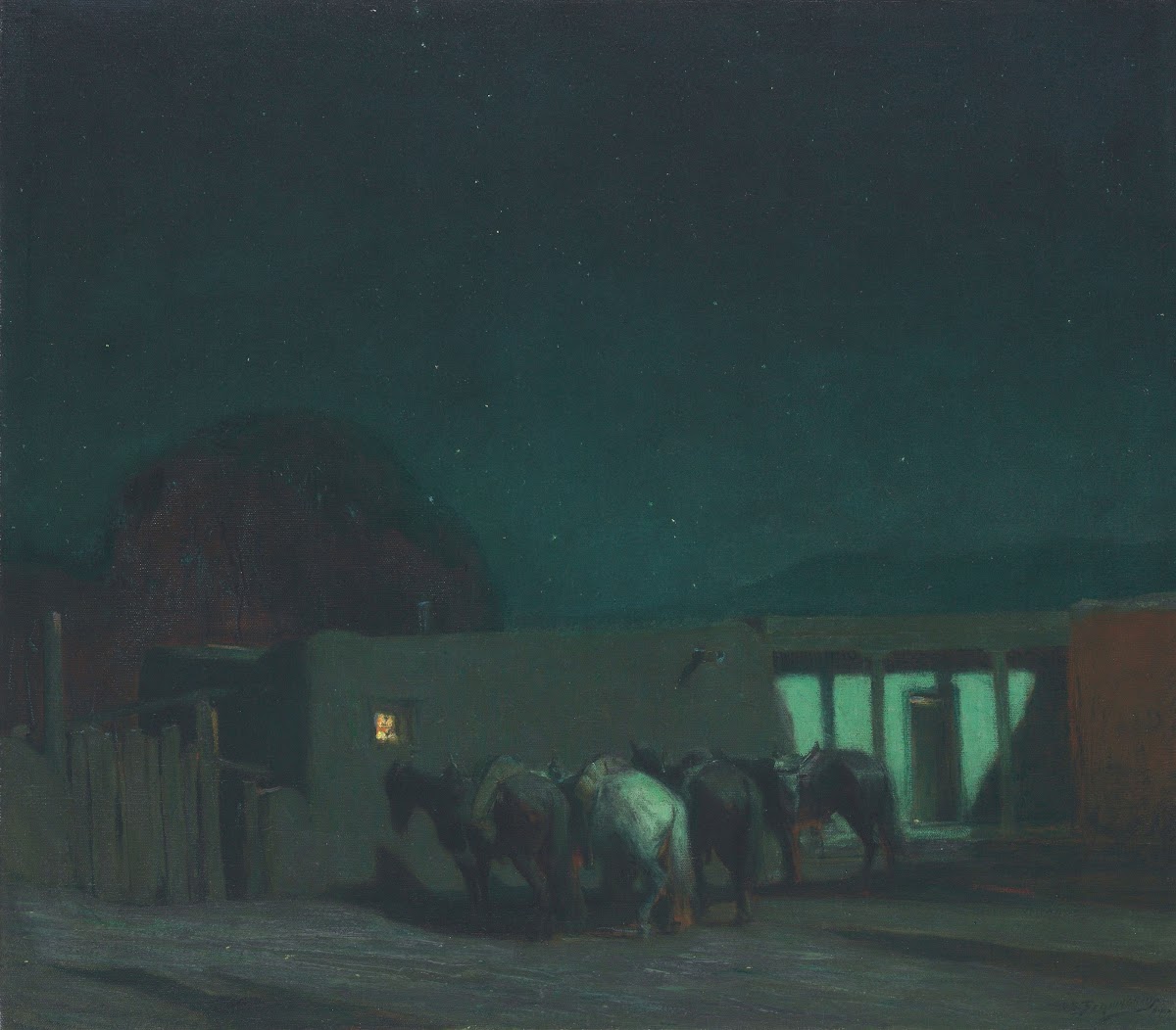Horses by Adobe Building Moonlight 1914
