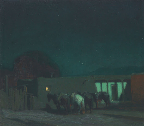 Horses by Adobe Building Moonlight 1914