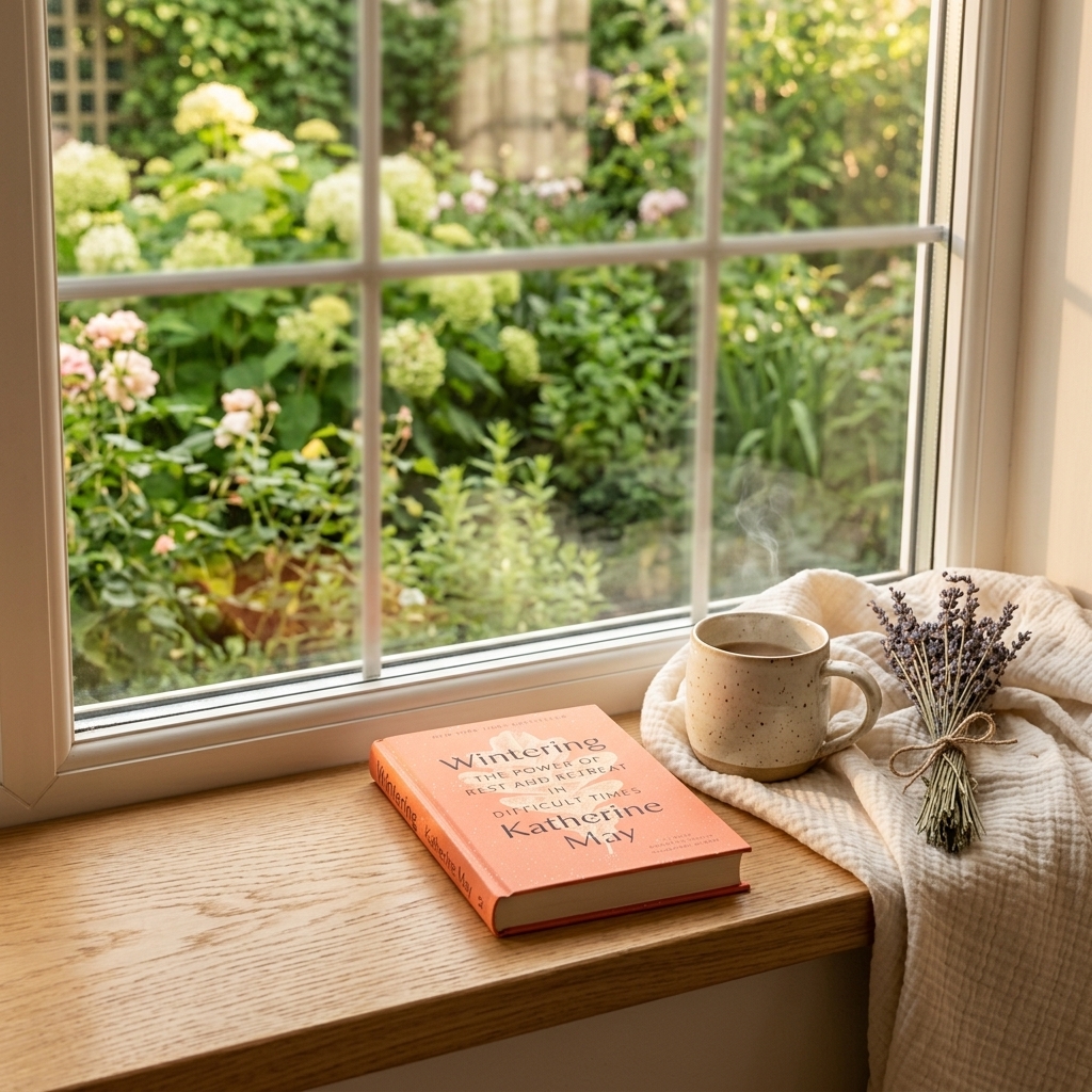 A steaming ceramic cup of tea resting on a light oak windowsill next to the book Wintering by Katherine May, a lightweight cream throw blanket, and a dried lavender bouquet, looking out at a lush green summer garden.