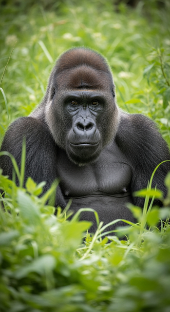 Intimate Wildlife Portrait of a Lowland Gorilla Sitting in Tall Green Grass - Free mobile Wallpaper