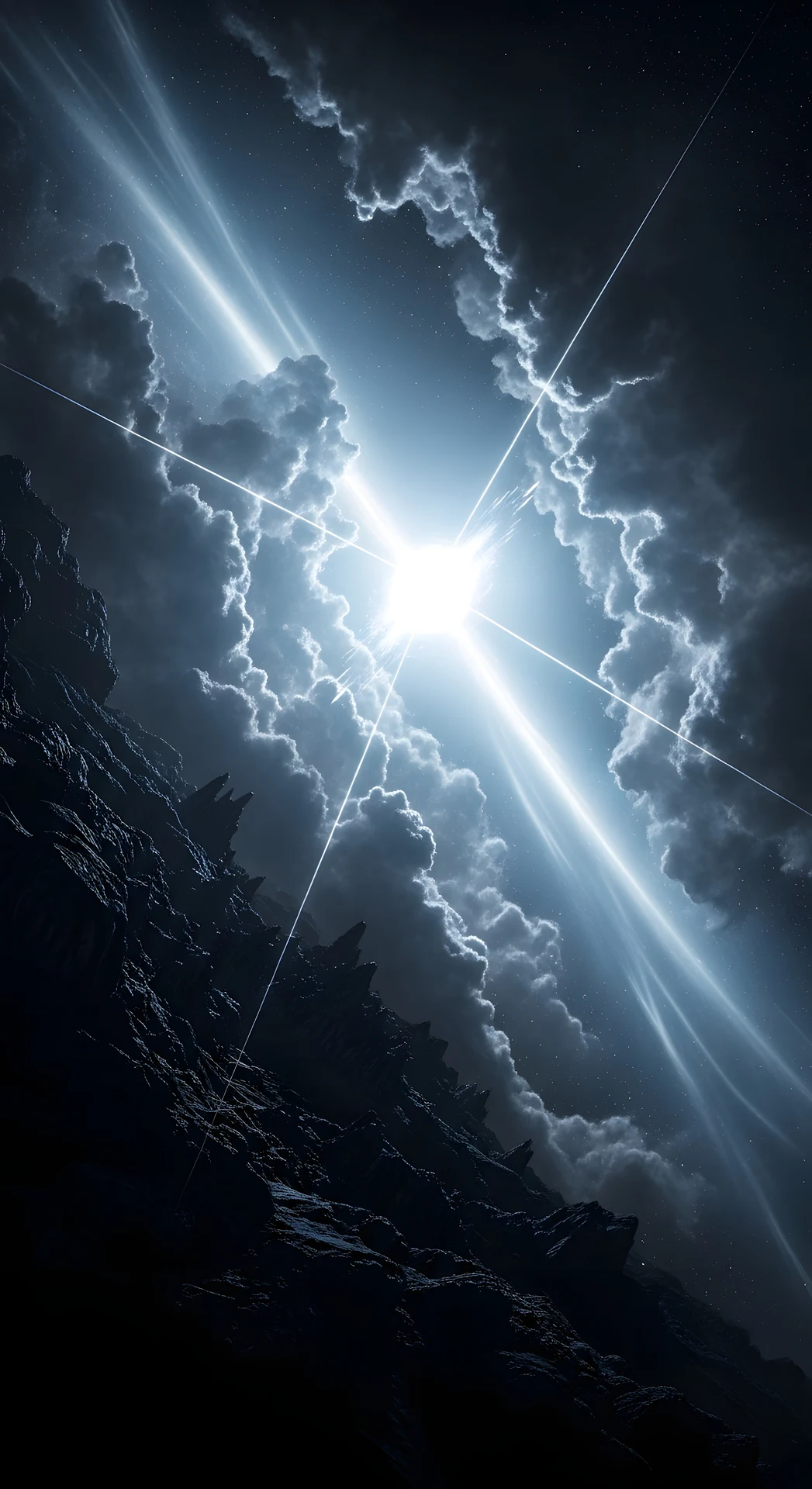 Jagged Alien Landscape Under a Brilliant Star Flare - Free 4K mobile Wallpaper