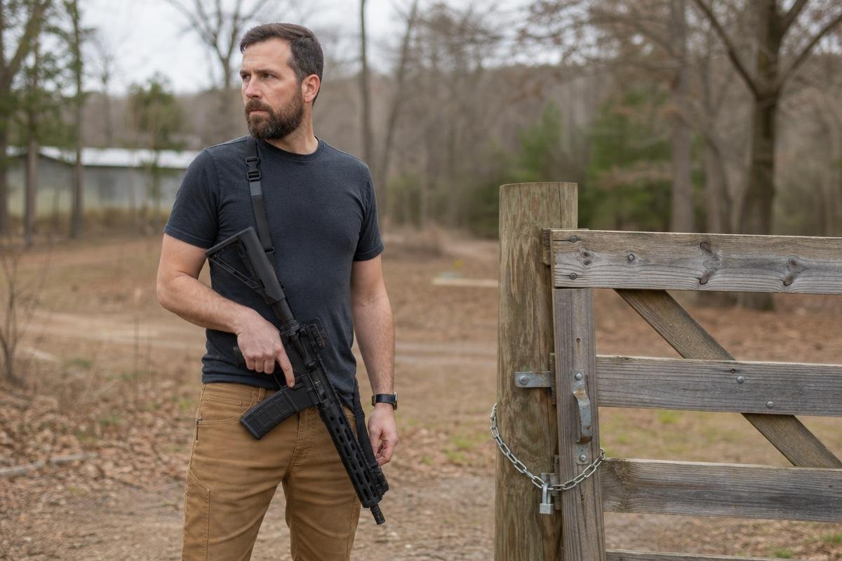 Two-point sling configuration for controlled rifle carry