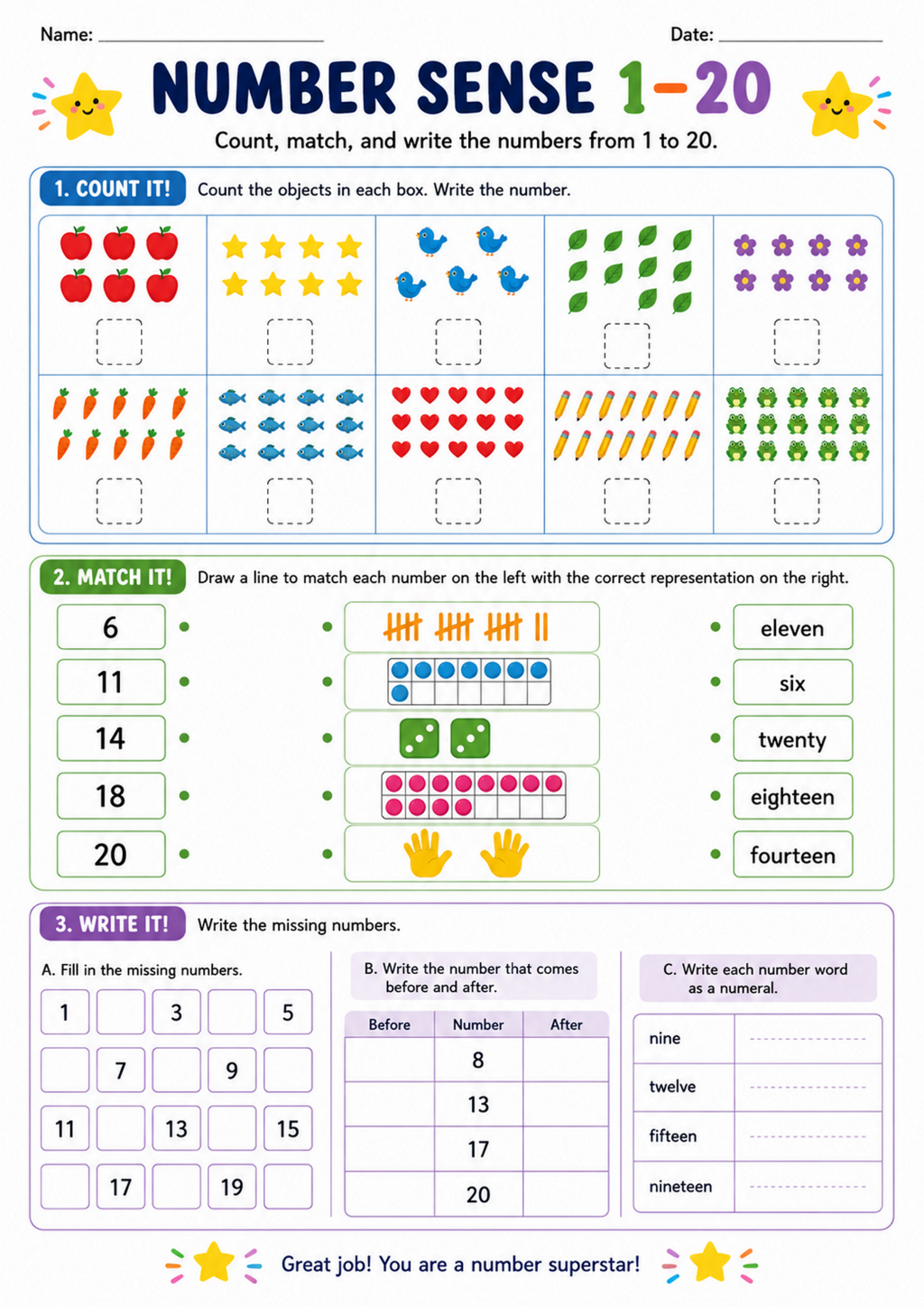 Number Sense 1-20 Worksheet