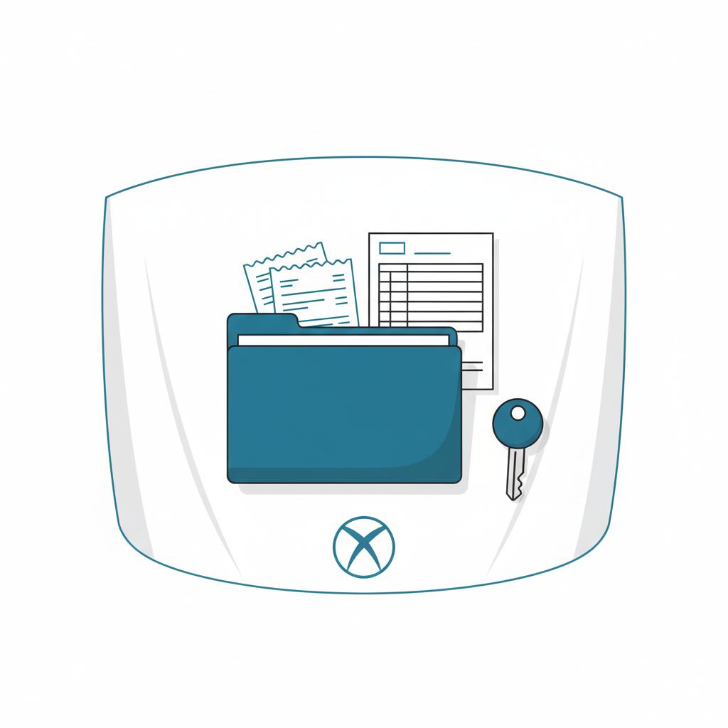 Minimalist overhead 2D vector of organized folder on a car hood with service receipts vehicle history page and car key suggesting Hyundai complaints