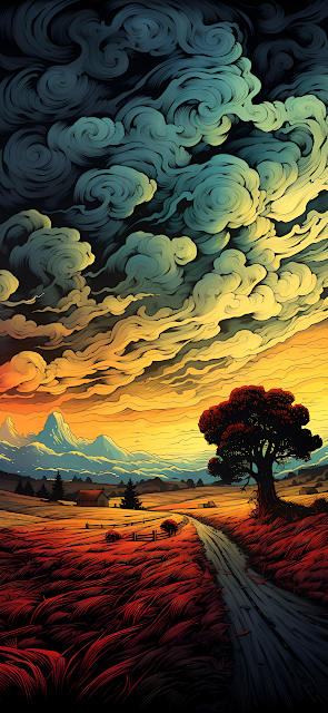 Expressive Sunset Landscape with Swirling Clouds and Red Field - Free mobile Wallpaper