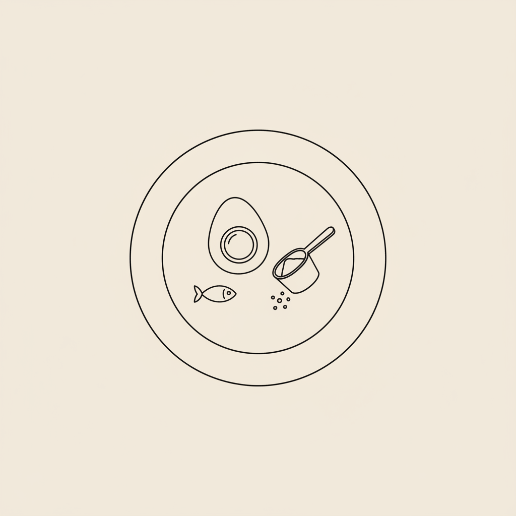 Tonum-style minimalist line illustration of a plate with an egg, small fish, and a protein scoop with powder on a beige background — 20g protein 100 calories