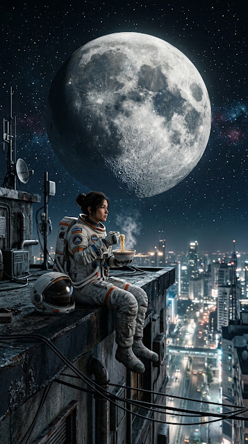 Astronaut Eating Noodles on Rooftop Under Giant Moon - Free mobile Wallpaper