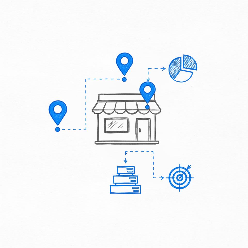 Minimal hand-sketched notebook illustration of a storefront with map markers and route arrows showing a search-to-store flow for a Google Business Profile, white background.