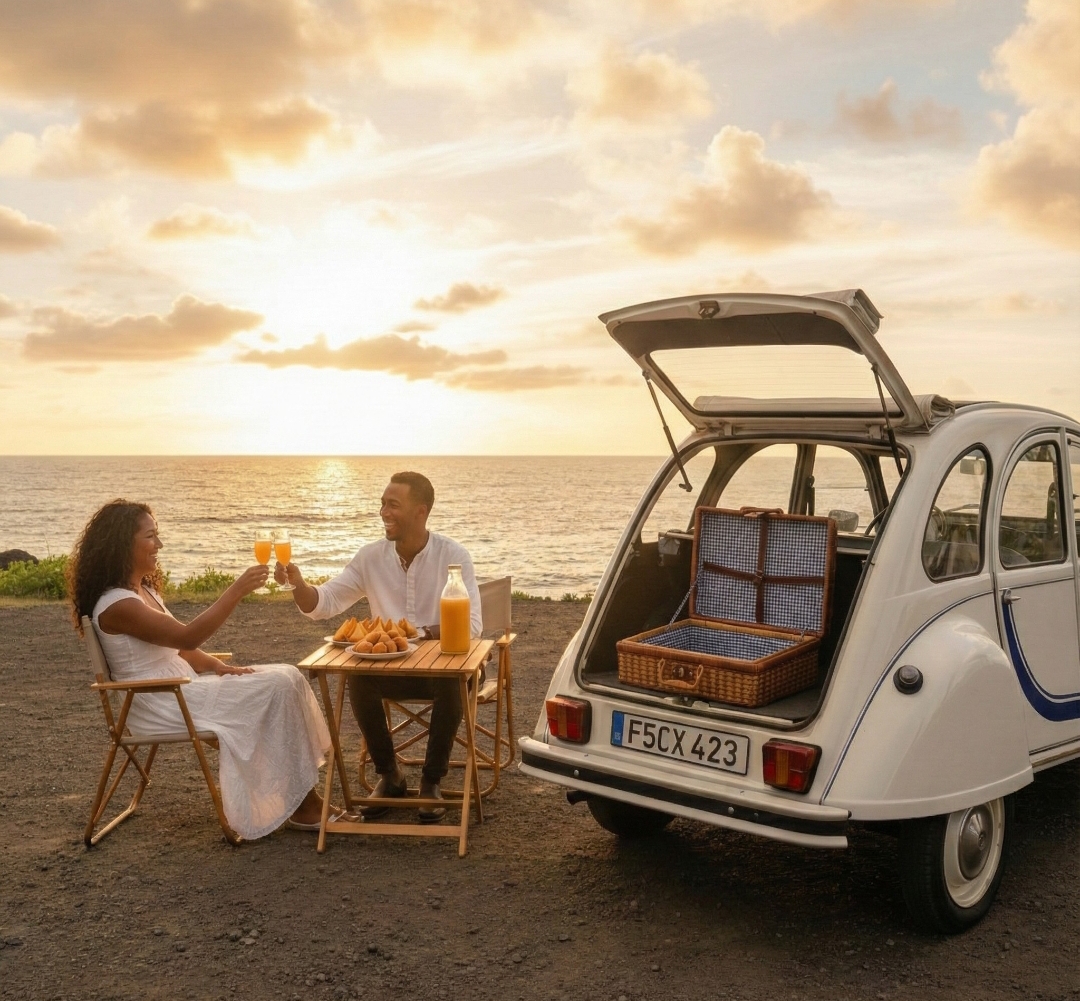 Balade en 2CV au coucher du soleil à La Réunion