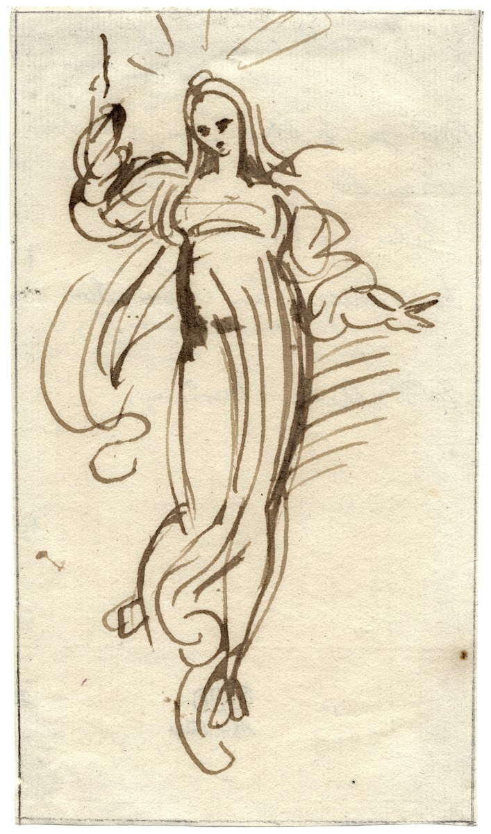 Zwevende vrouwenfiguur in lang gewaad met geheven arm