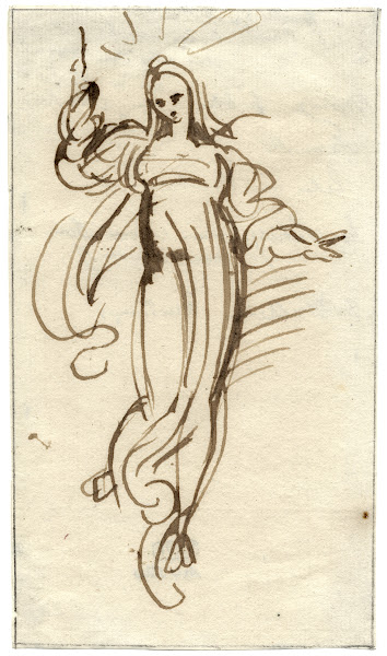 Zwevende vrouwenfiguur in lang gewaad met geheven arm