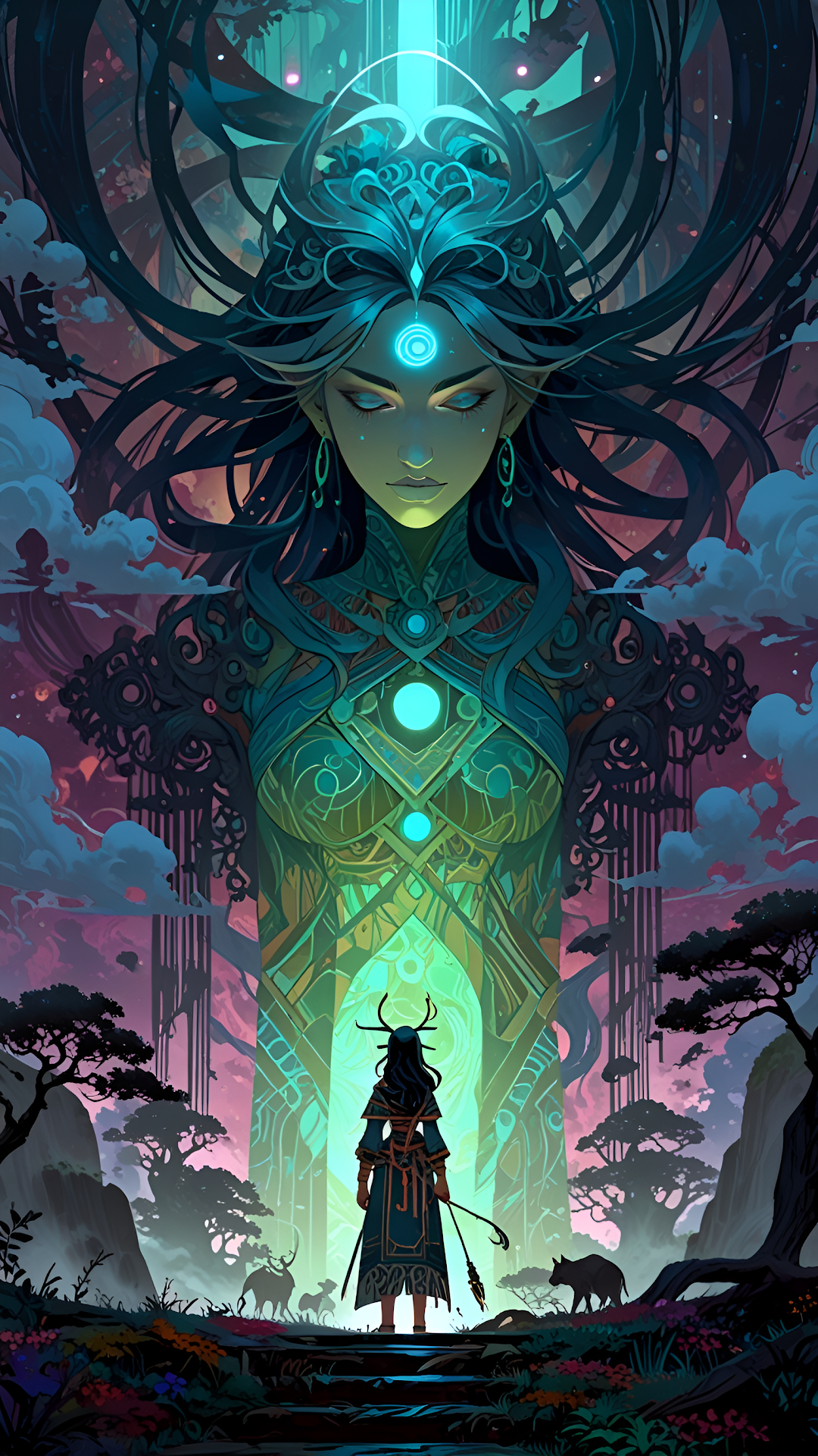 Giant Mystical Woman with Glowing Circles in Fantasy Landscape - Free 4K mobile Wallpaper