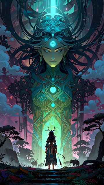 Giant Mystical Woman with Glowing Circles in Fantasy Landscape - Free mobile Wallpaper