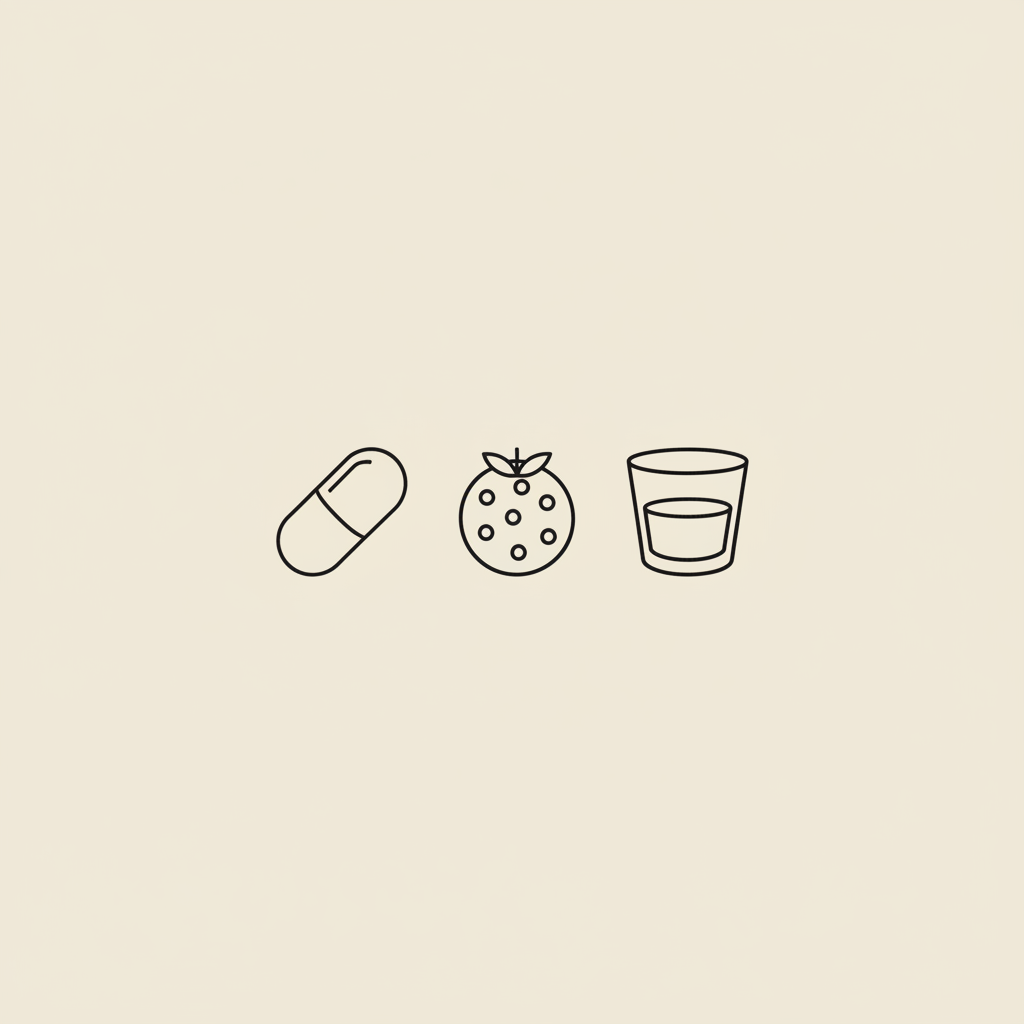 Minimal Tonum-style line illustration of a capsule, berry, and water glass on a beige background representing weight loss drugs and healthy hydration.