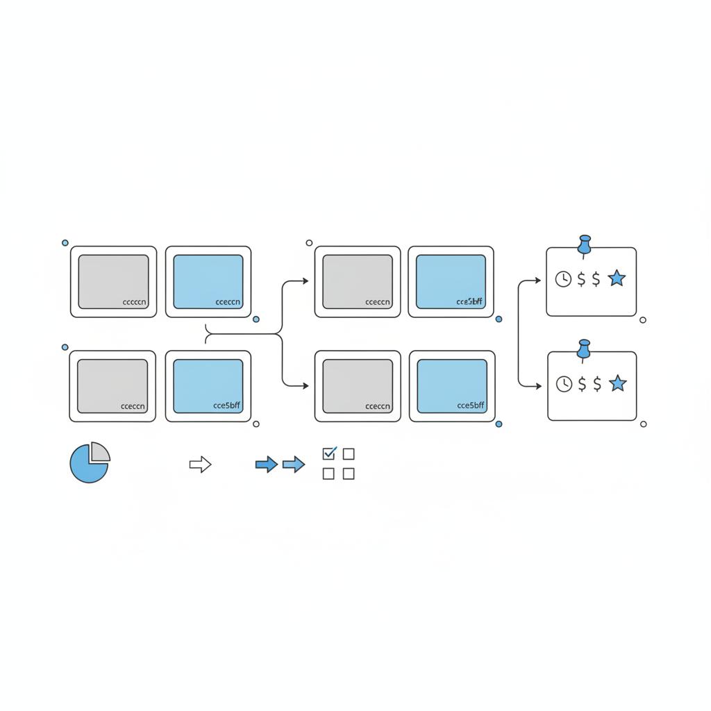 Vector sketch of before-and-after project thumbnails pinned with blue thumbtacks and minimalist icons for timing, budget, and reviews on white background &mdash; Thumbtack