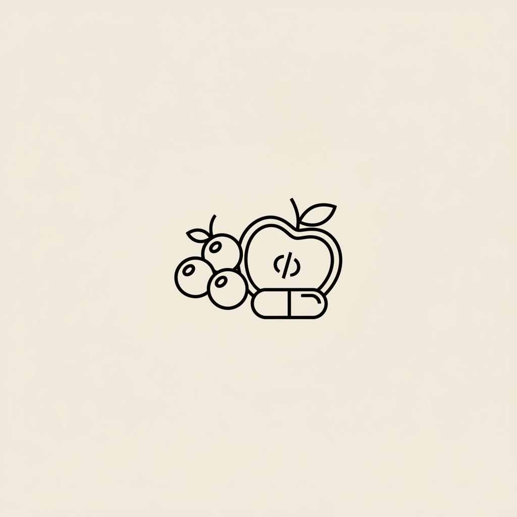 Minimalist line-art of berries, an apple slice and a capsule on a beige background suggesting food and evidence-based support — Can I eat fruit if I quit sugar